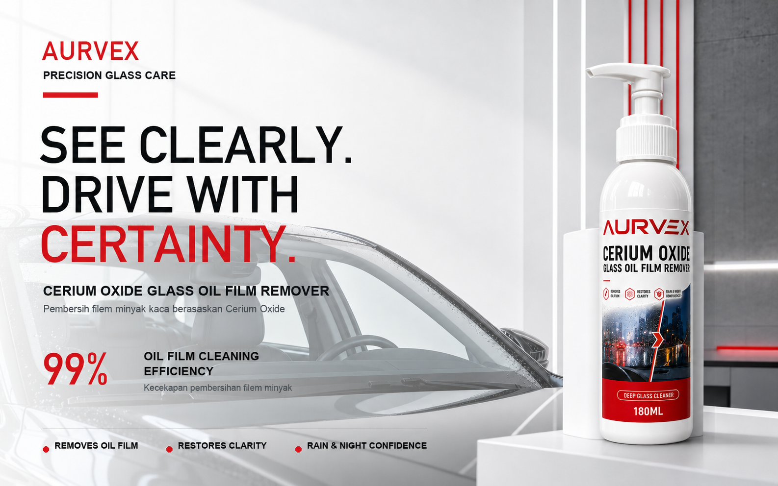 AURVEX Cerium Oxide Glass Oil Film Remover in a professional automotive glass-care studio